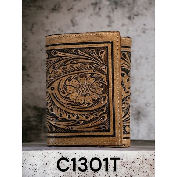 Mens Leather Tri-fold‎ Wallet Floral Tooled C1301T by Ranger Belt Company - Picture 1 of 9